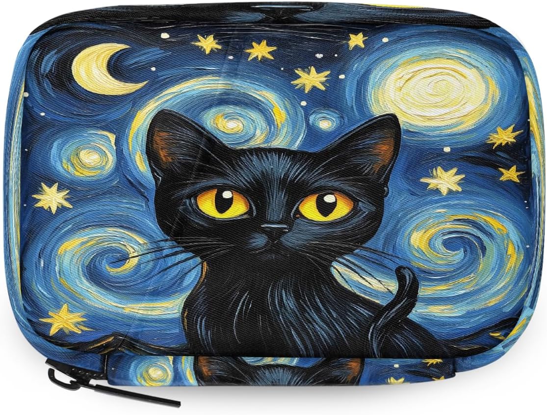 Black Cat Starry Night Pill Organizer Travel Medicine Case with Zipper Daily Vitamin Storage Bag Portable 8 Slot Weekly Pill Box Supplement Holder for Home Office Gym Travel
