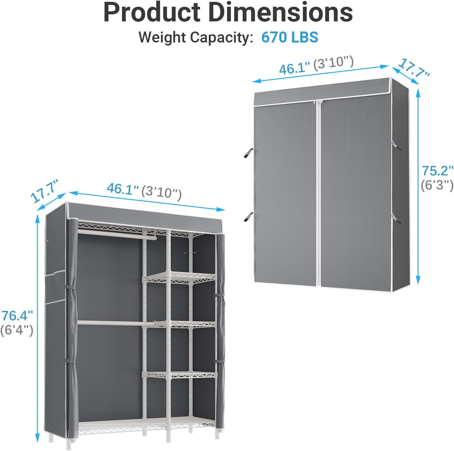 VIPEK V7C Garment Racks with Cover Portable Closets for Hanging Clothes, Heavy Duty Clothes Rack with Shelves Metal Closet Wardrobe, Max 670lbs, White Rack with Grey Upgraded Polyester Cover