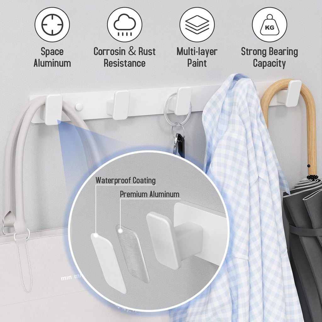 White Coat Rack Wall Hooks for Hanging Heavy Duty Door Hooks with 5 Hooks Key Holder for Wall Hat Rack for Entrance Coat Hook