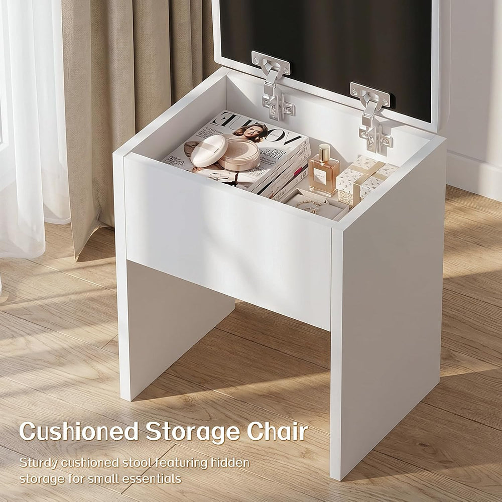FUXA Makeup Vanity Desk with LED Mirror and Chair Set, White | 3 Lighting Mod...