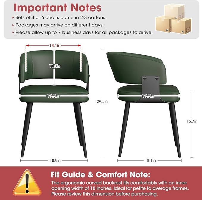 Modern Dining Chairs Set of 2, Upholstered Faux Leather Kitchen Side Chairs with Curved Open Back, Easy Assembly for Dining Room, Restaurant, Cafe, Green