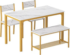 SogesHome Kitchen Table Set for 4, Compact Dining Table Chair Set with Bench, 4 Piece Table with Built-in Storage Racks, Metal Frame, for Apartment, Restaurant, Gold