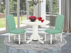 East West Furniture SHEN3-LWH-57 3 Piece Kitchen Table & Chairs Set Contains a Round Dining Room Table with Pedestal and 2 Pond Faux Leather Parsons Dining Chairs, 42x42 Inch, Linen White
