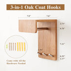Oak Wood Coat Rack Wall Mount with 8 Inch Long Entryway Wall Shelf and 3 Hooks, Floating Shelf with Hooks for Bathroom, Hallway, Living Room