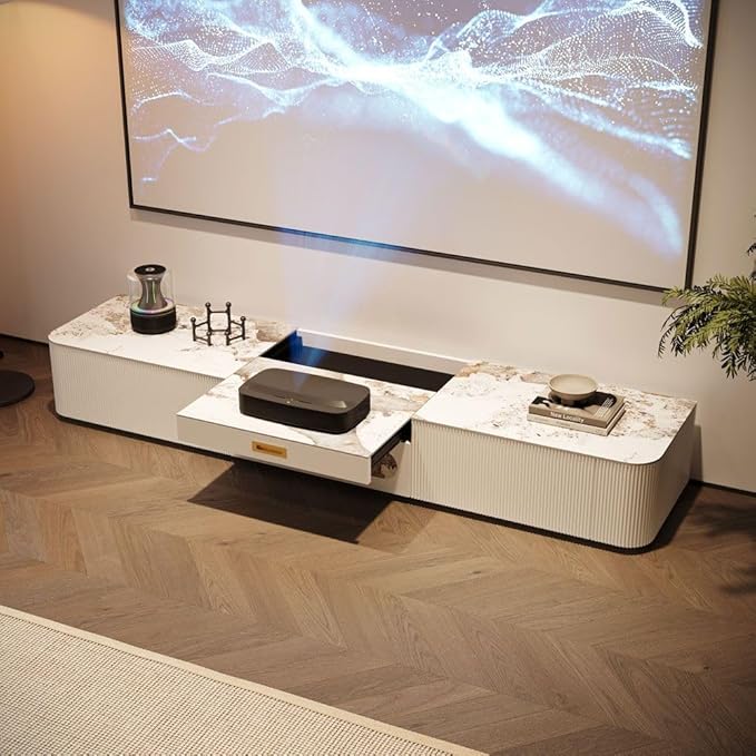 POVISON Fully-Assembled Modern Low Profile TV Stand with Ultra-Short Throw Projector Platform, Sintered Stone Entertainment Center with Storage, Wood TV Console, Media Console for Living Room