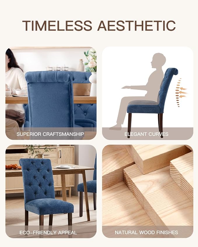 Dining Chairs Set of 4, Button Tufted Parsons Upholstered Chairs with Solid Wood Legs, Mordern Fabric Kitchen Chairs for Dining Room, Blue