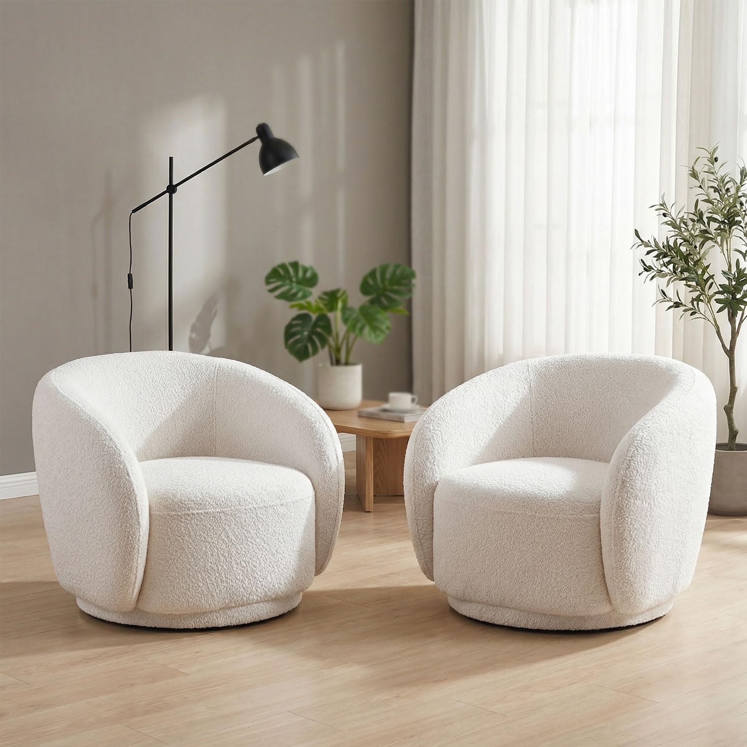 Set of 2 Swivel Barrel Accent Chairs, White Boucle Chairs | 33.07" 360° modern upholstered armchairs with thick cushions and round reading chair style for living rooms and bedrooms.