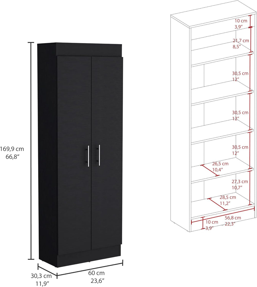 Modern Kitchen Pantry, Black Storage Cabinet with 2 Doors and Multiple Shelve...