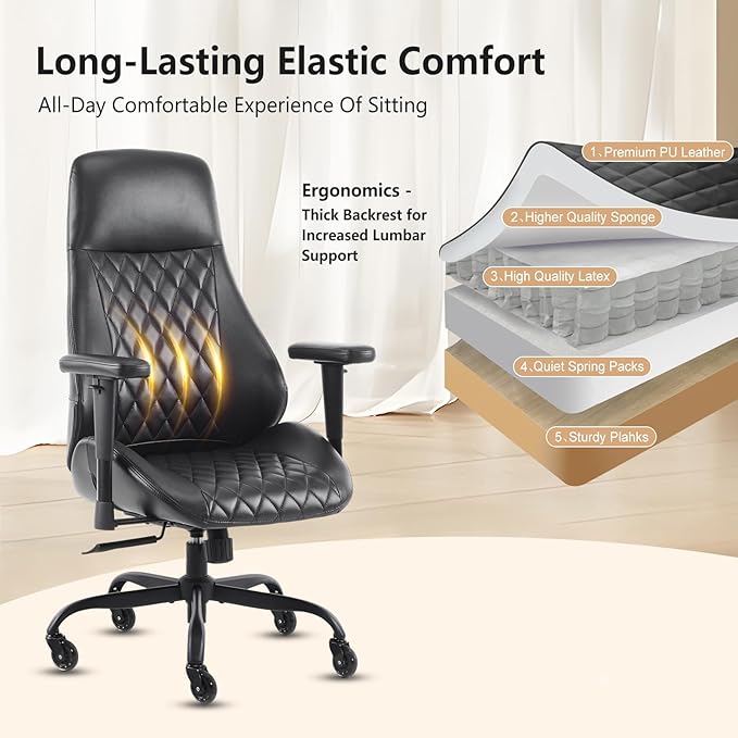 YFO Home Office Desk Chair High Back Office Rubber Chair Casters Ergonomic Computer Chair with Lumbar Support Adjustable Height Rolling Swivel Chair Executive Task Armrests, Black PU