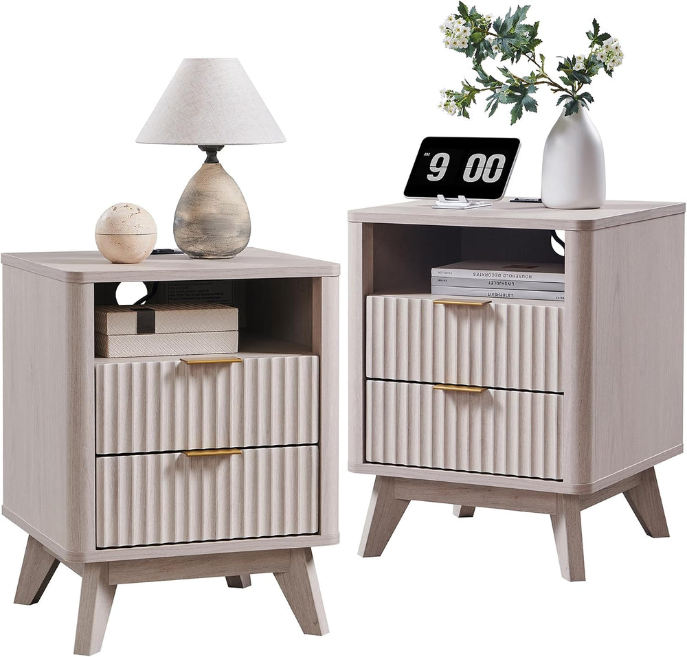 T4TREAM 18" Fluted Nightstand with 2 Drawers Set of 2, White Alder | Cha...