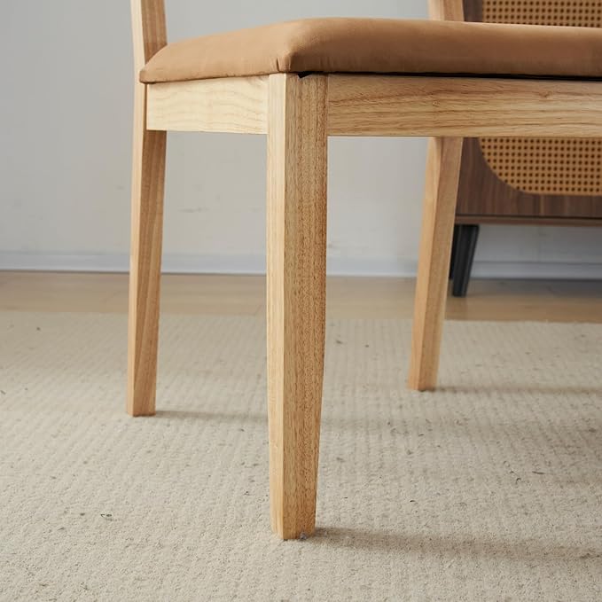 VINGLI Brown Woven Wooden Dining Chairs Set of 4,Armless Mid Century Modern Desk Chairs with Rivet&Foot Pegs,Upholstered Farmhouse Comfy Chair No Wheels for Dining Room,Living Room,Kitchen,Oak,Suede