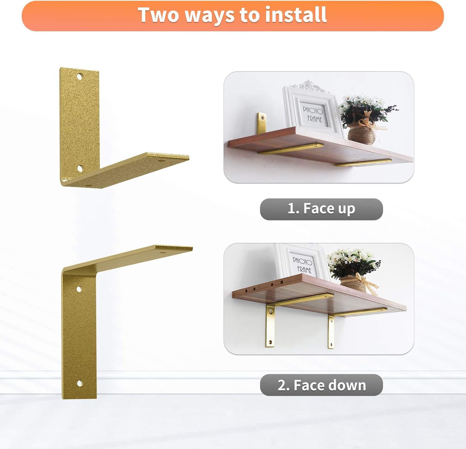 Gold Heavy Duty Shelf Brackets 8 Inch, Extra Thick L Shelving Brackets, Rustic Gold Iron Floating Shelves Wall Mounted with Hardware for DIY Open Shelving, 4 Pack