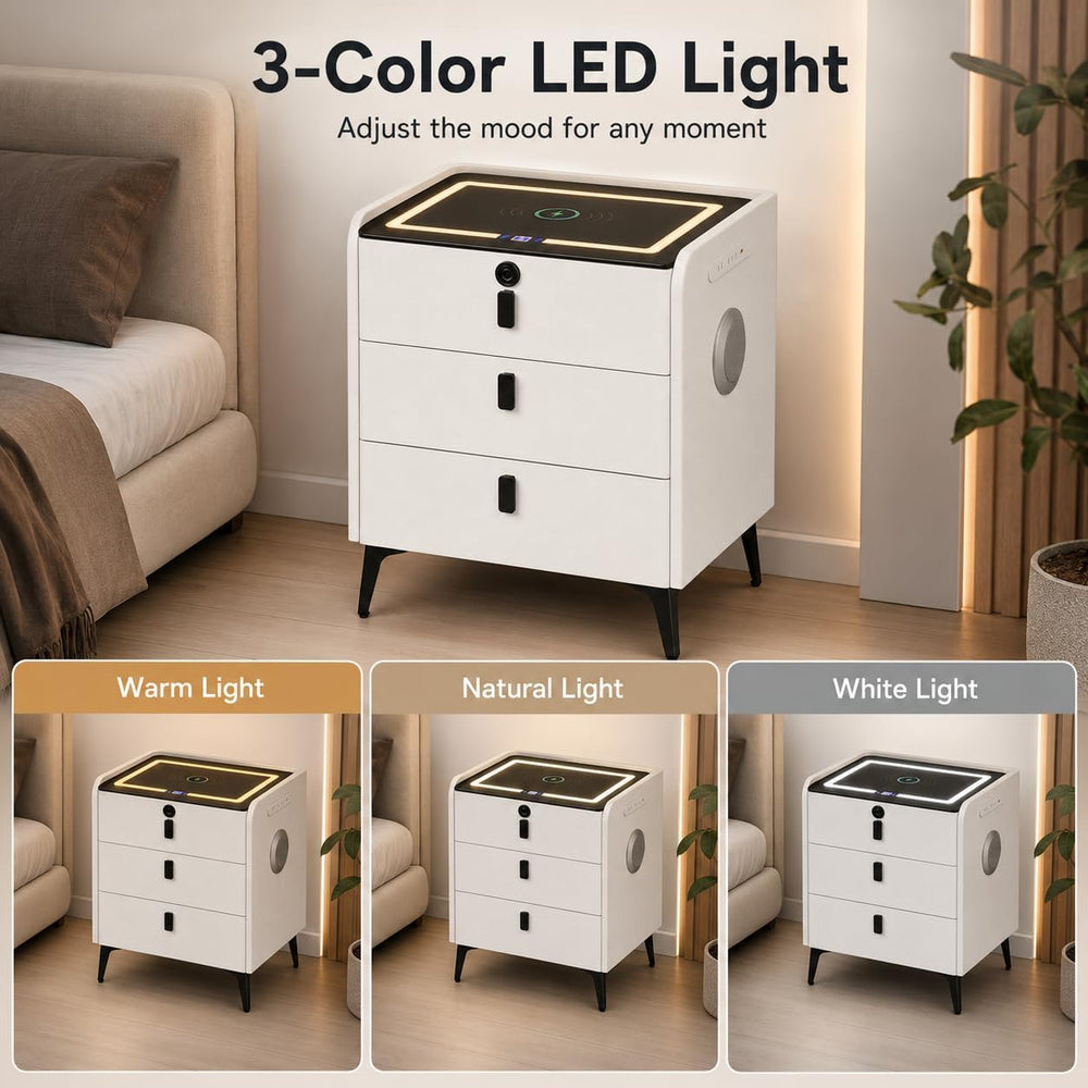 Smart Nightstand with Wireless Charging, with Fingerprint Lock Drawer, Night ...