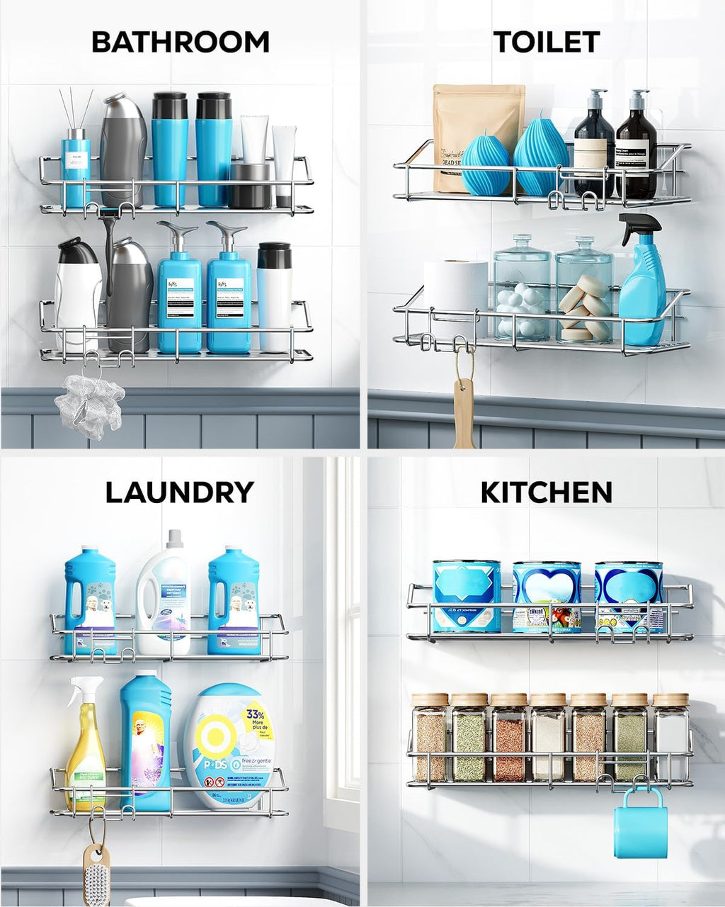 Nieifi Shower Caddy Shelf with Hooks Storage Rack Organizer Adhesive Stainless Steel without Drilling for Bathroom, Lavatory, Washroom, Restroom, Shower, Toilet, Kitchen (Sliver, 5 Pack)