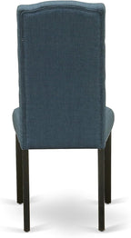 East West Furniture ESCE3-BCH-21 3 Piece Dining Room Table Set Contains a Round Kitchen Table with Pedestal and 2 Mineral Blue Linen Fabric Parson Dining Chairs, 30x30 Inch, Black & Cherry