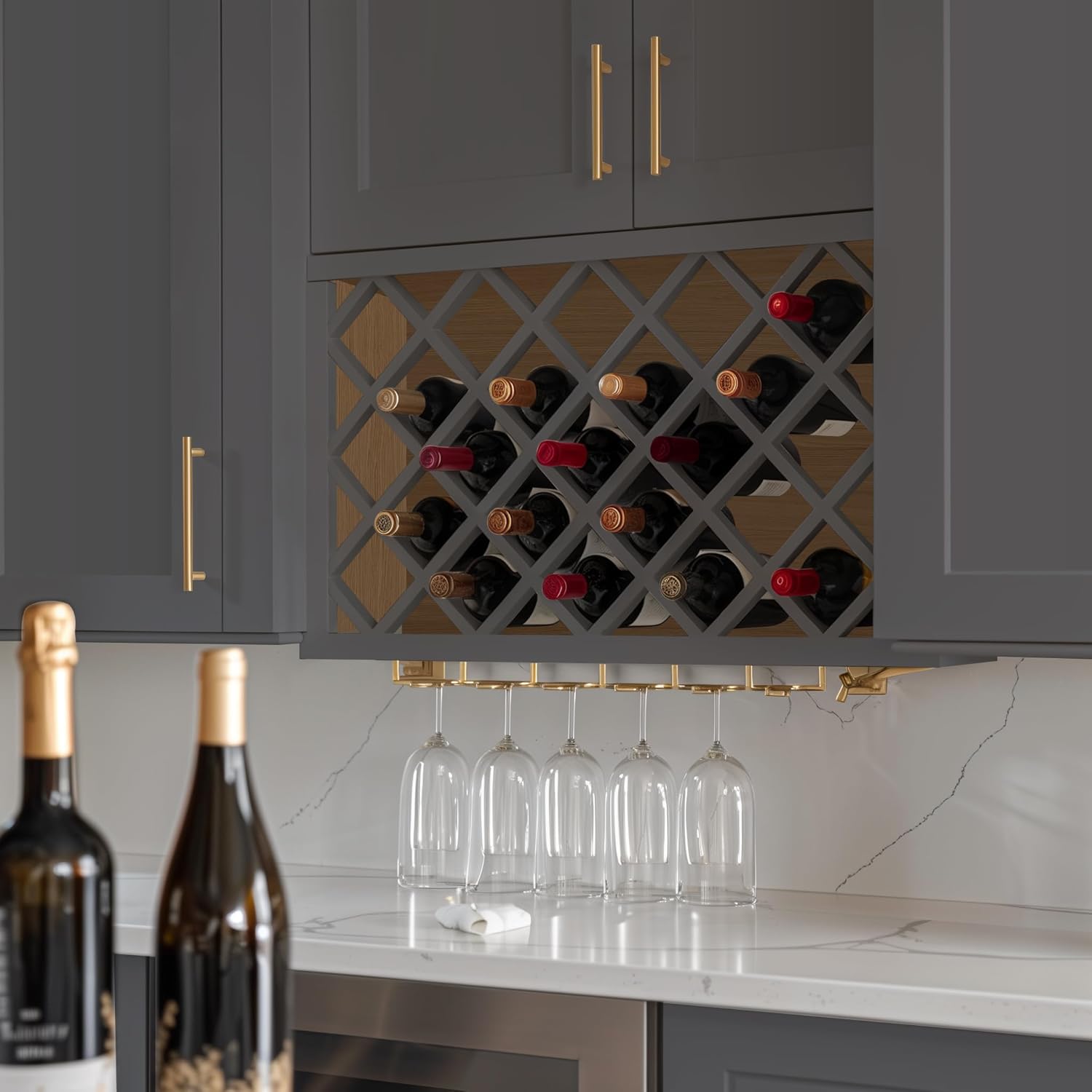 Solid Wood RTA Wine Bottle Rack Wall Cabinet with Lattice Panels - Wine Storage for Bar, Pantry, Cellar & Countertop - Mocha (Pebble Gray, 36'W 12'D 18'H)