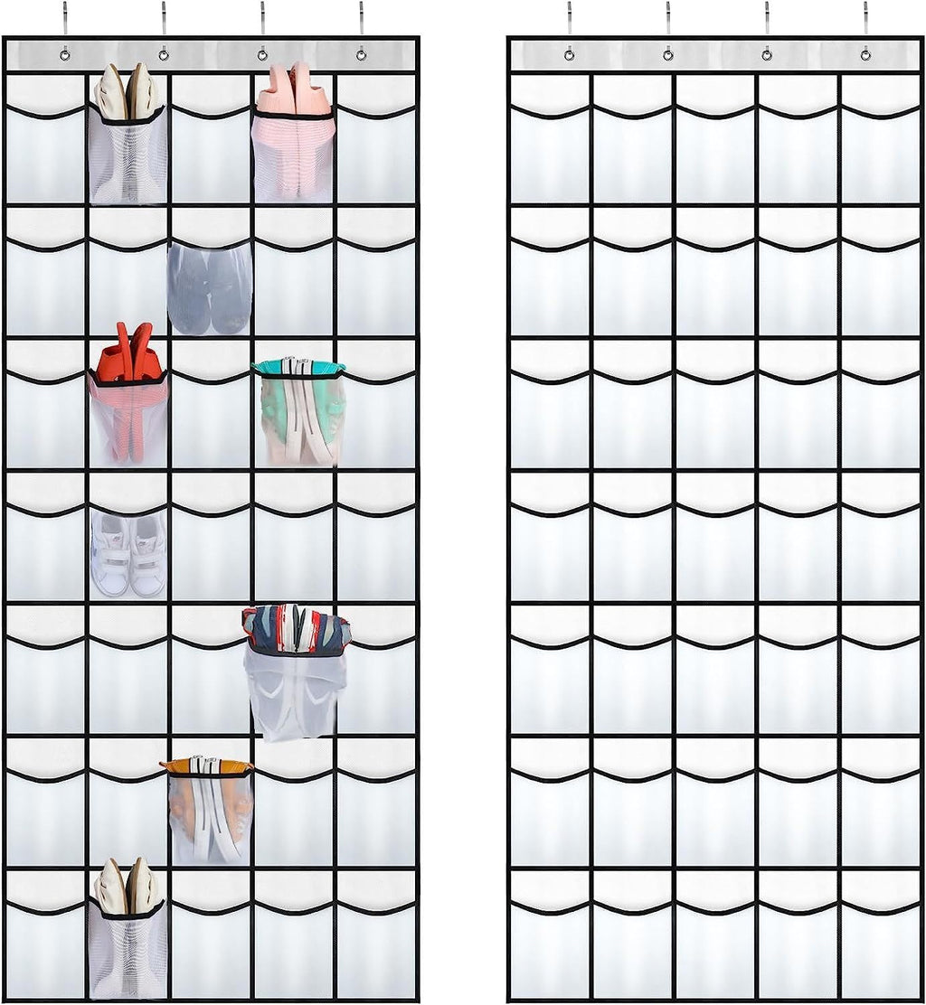 28 Large Pockets Over The Door Shoe Organizer, Hanging Shoe Organizer for Closet, Premium Clear Shoe Rack for Door, Shoes Hanger Organizers Storage Holder for Back of Door and 4 Metal Hook White