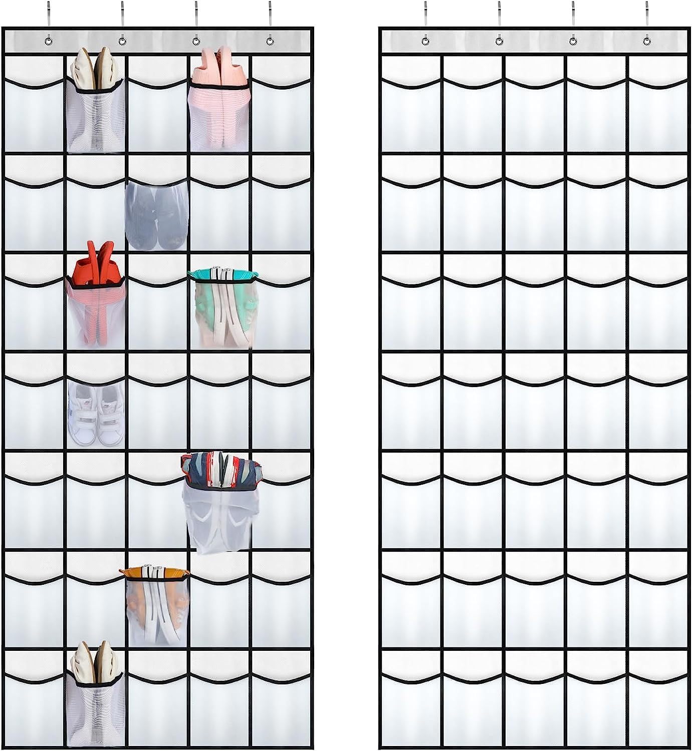28 Large Pockets Over The Door Shoe Organizer, Hanging Shoe Organizer for Closet, Premium Clear Shoe Rack for Door, Shoes Hanger Organizers Storage Holder for Back of Door and 4 Metal Hook White