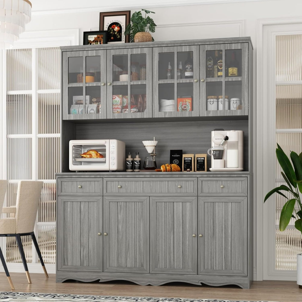 Kitchen Pantry Cabinet with Glass Doors and 3 Drawers, Tall Freestanding Stor...