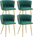 Kiztir Green Velvet Dining Chairs Set of 4 Upholstered Modern Dining Room Chairs with Woven Back and Gold Metal Legs for Living Room, Bedroom, Kitchen