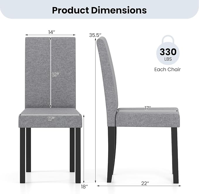 Giantex Upholstered Dining Chair Set of 2, Mid Century Modern Fabric Kitchen Chairs with Rubber Wood Legs, Thick Padded Seat, High Back, Side Armless Chairs for Living Dining Room (Gray)