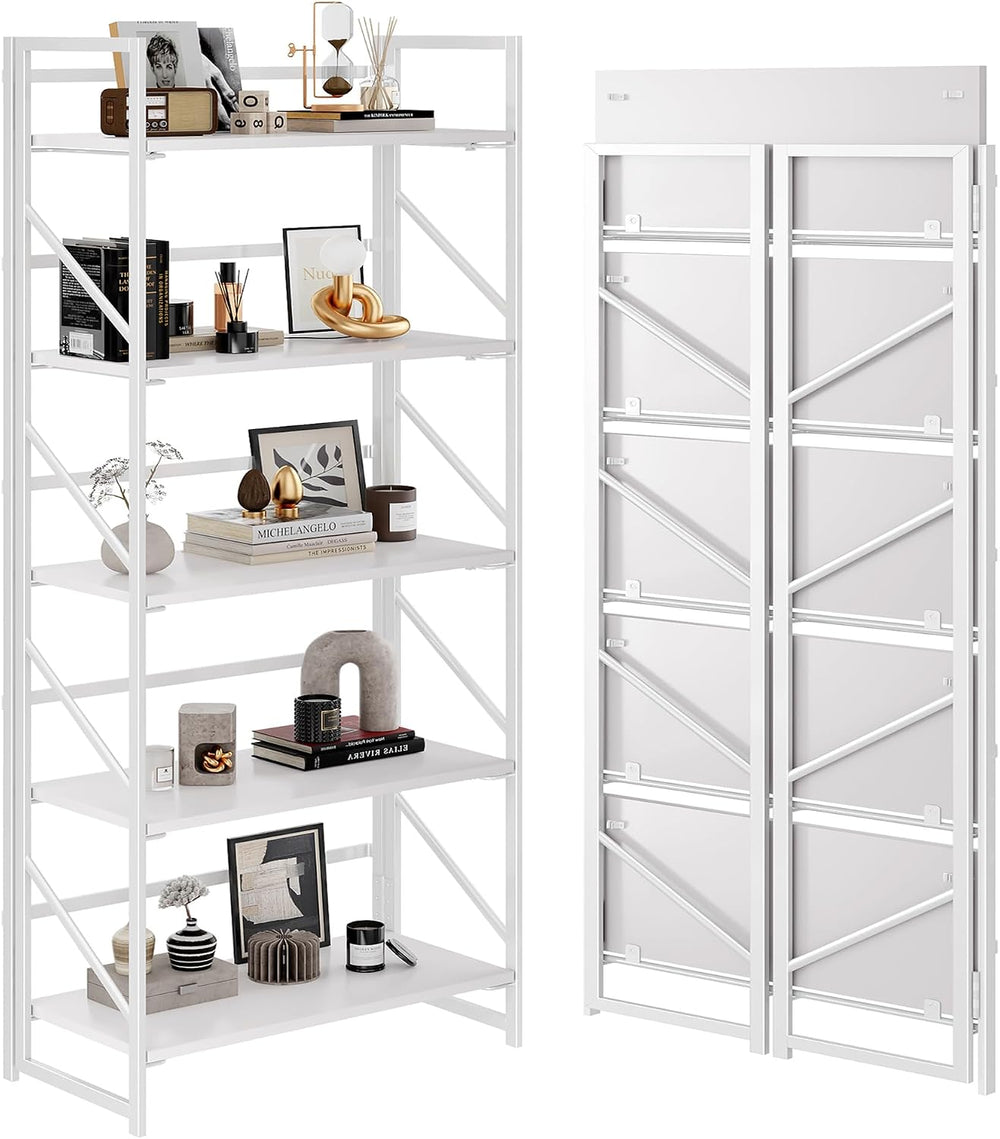 JSB No Assembly Folding Bookshelf, 5 Tier Industrial Metal Book Shelf for Sto...