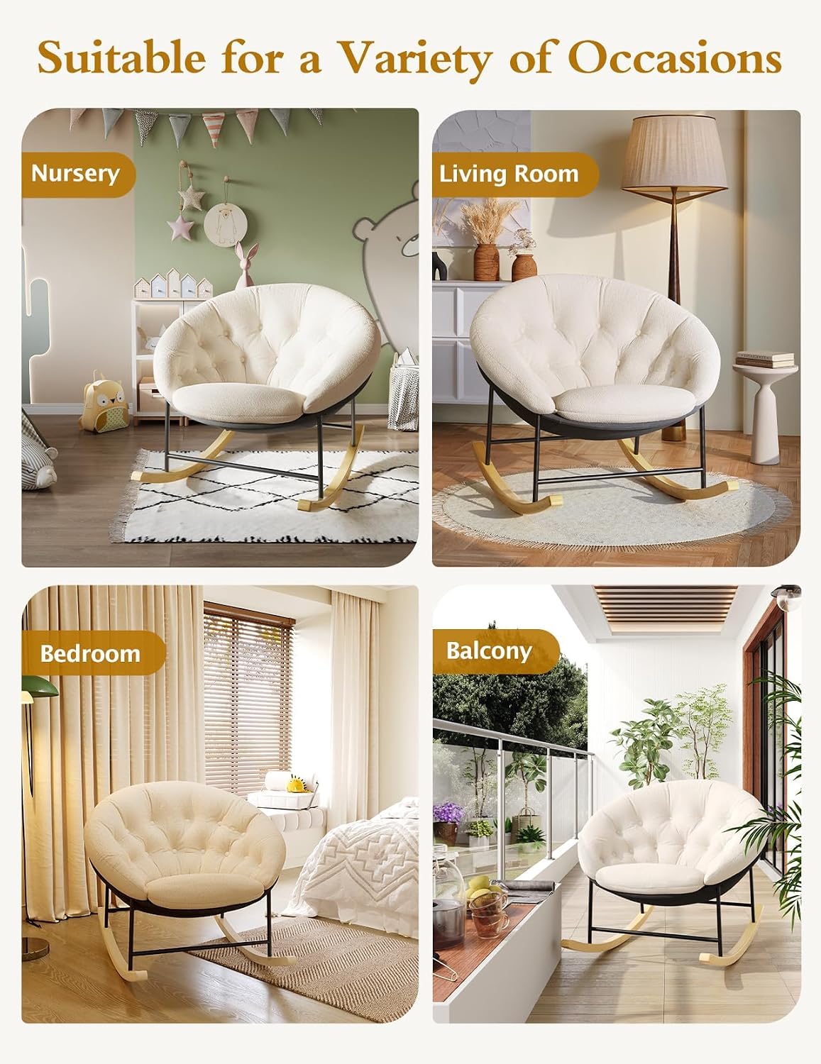 Kidirect Wide Rocking Chair Nursery, Comfy Saucer Nursery Rocking Chairs with Removable Cushion, Indoor Papasan Nursing Chair for Breastfeeding, Mecedora Para Adultos for Living Room & Bedroom (Beige)