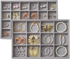 Large Velvet Jewelry Tray 2 Pack Stackable Jewelry Display Drawer Inserts Trays Organizer for Earring Bracelet Necklace Ring (Gray, 12 Grids+24 Grids)