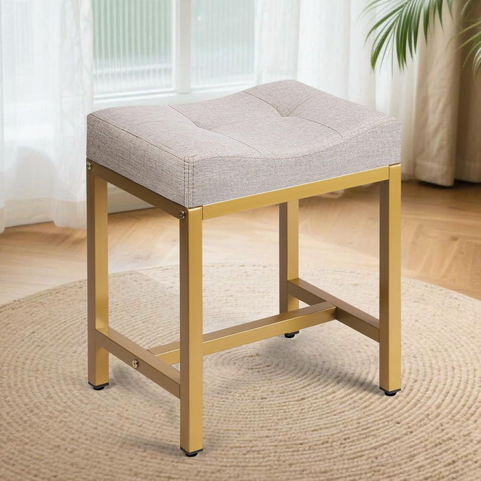 Saddle Seat Vanity Stool, Makeup Stool Chair with Metal Leg, U-Shaped Ottoman Foot Rest, Small Square Chairs Under Desk for Vanity, Living Room, Modern Makeup Bench Linen Light Brown&Gold
