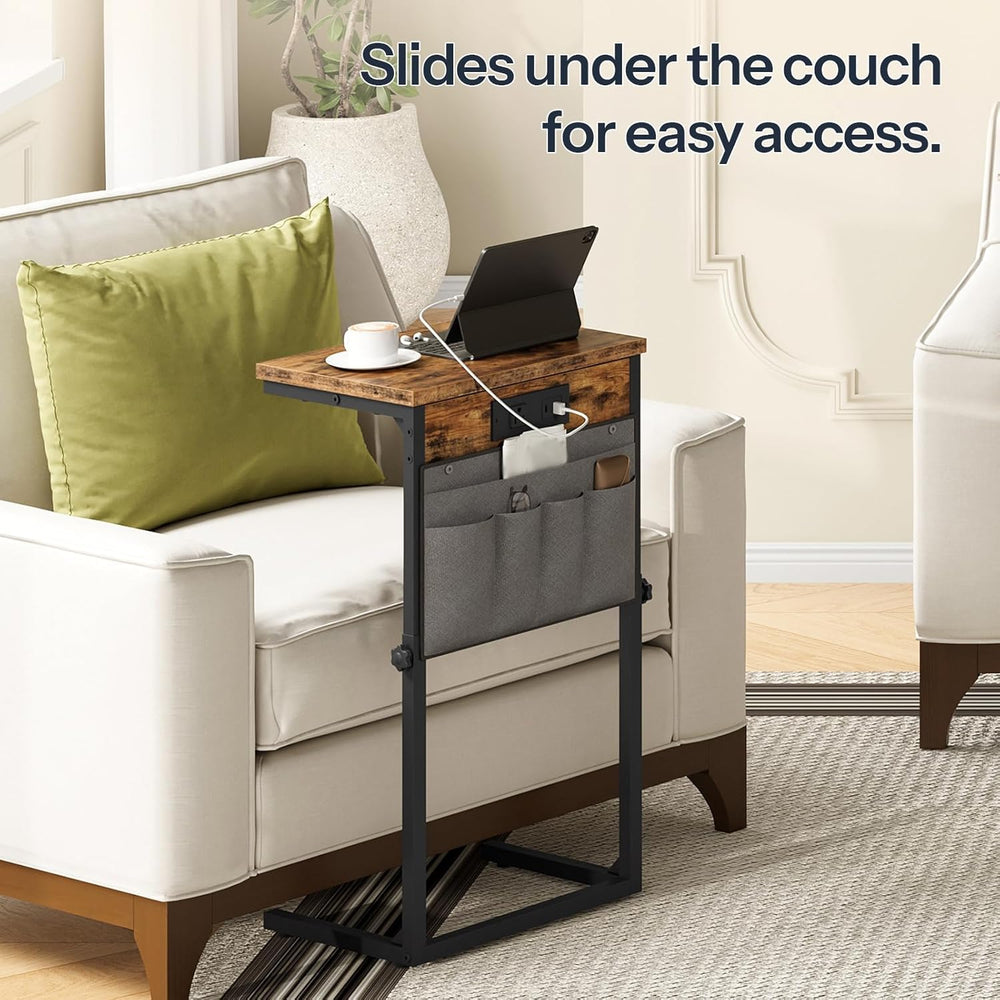 HOOBRO C Shaped End Table with Charging Station, 30” Adjustable Height Sofa S...