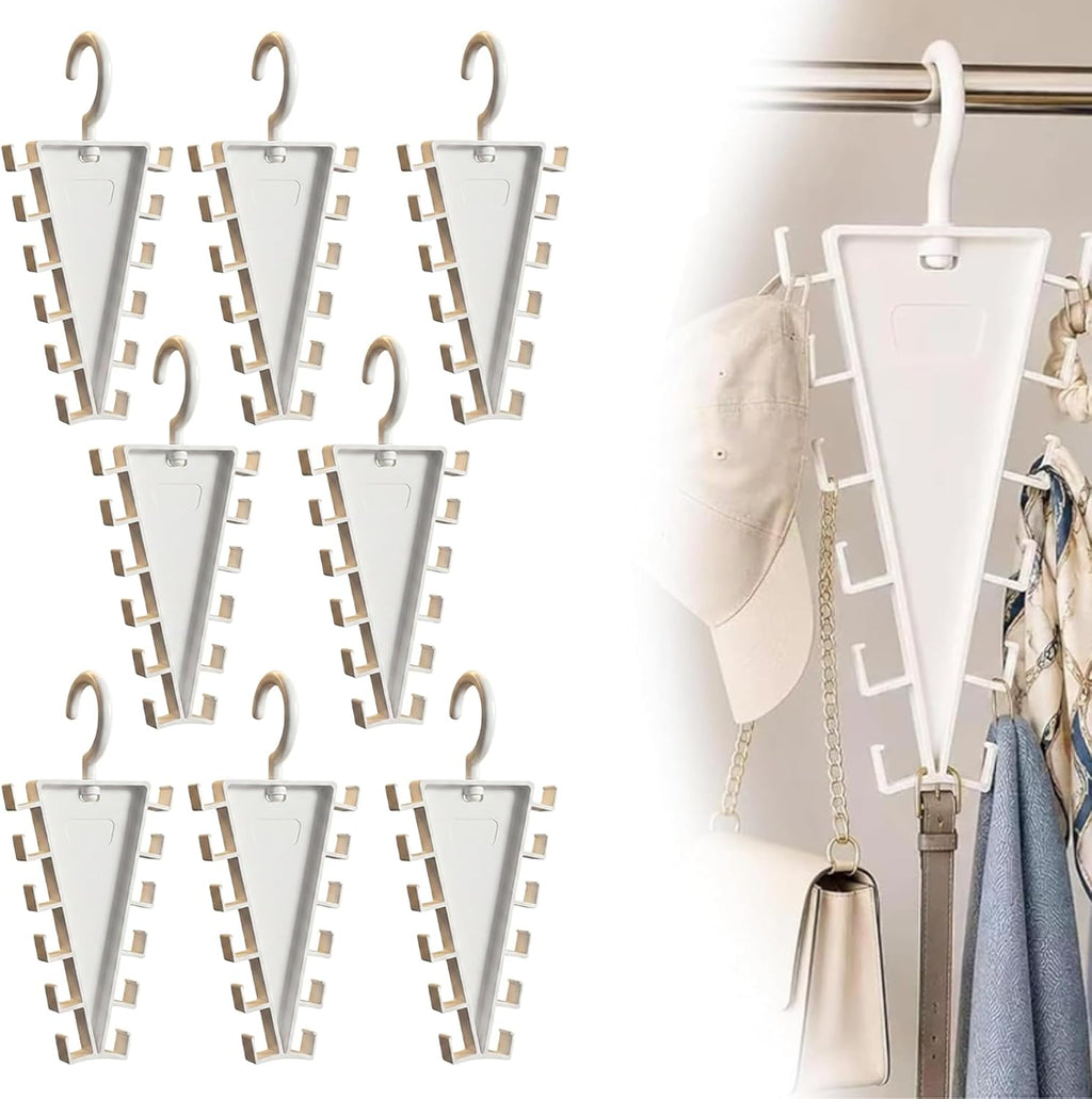 V Shaped Double-Sided Closet Organizer Hanger, 360° Rotating Multi-Layer Vertical Clothes Storage Rack with 12 Hooks, Space Saving Organizer for Hats, Scarves, Belts, Bags and Ties (8PC)