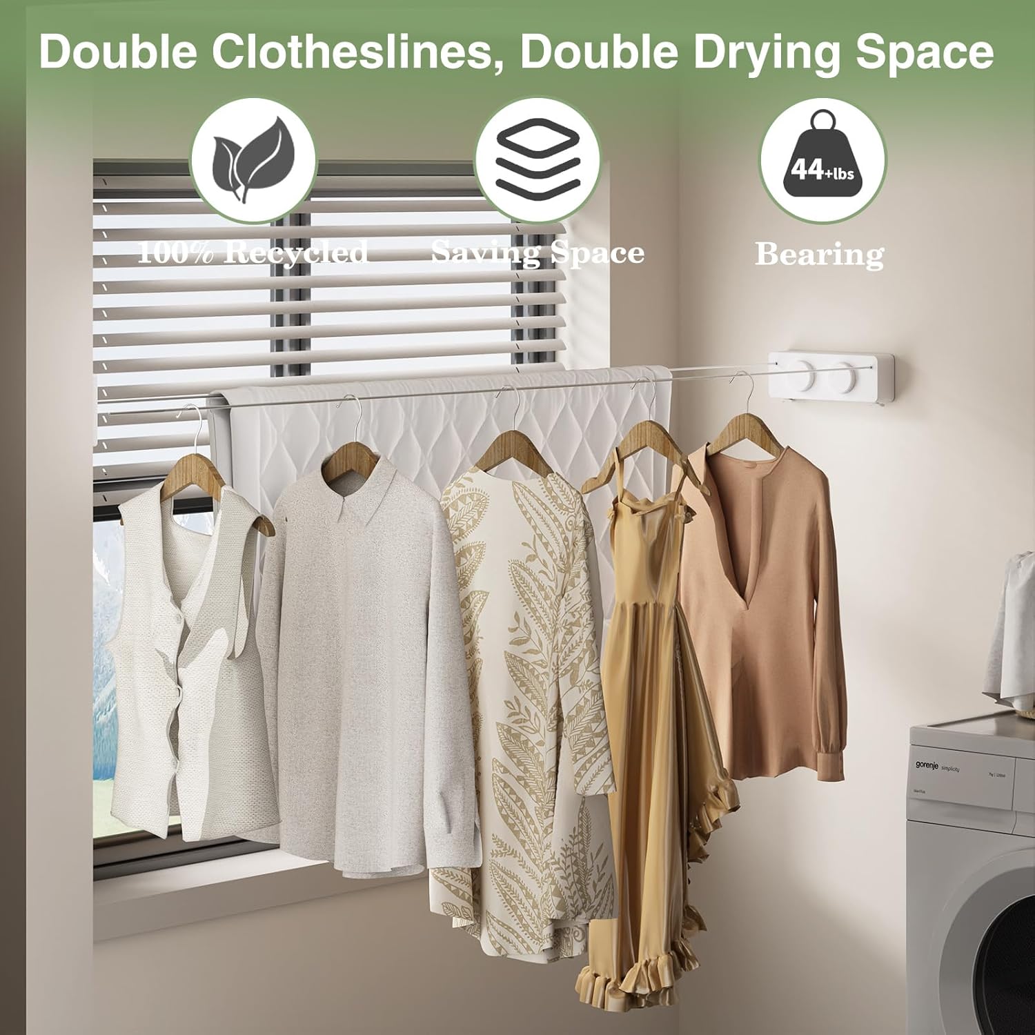 Danpoo Retractable Clothesline, Anti-Sag Adjustable Knob Heavy-Duty Clothes Line for Indoors/Outdoors with 2 * 13.8ft Stainless Steel Wire, Laundry Wall Drying Solutions