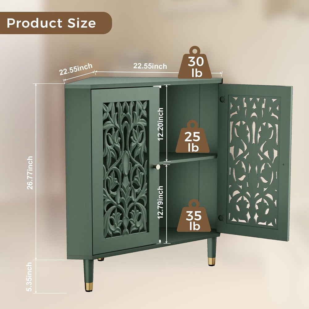 3More Retro Hollow Carved 2-Door Accent Corner Storage Cabinet Green