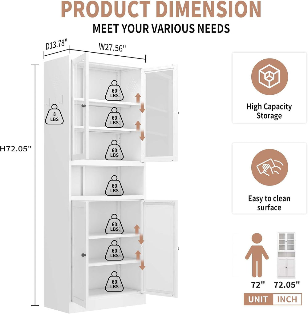 72" Kitchen Pantry Cabinets with Doors & Drawers, Freestanding Metal...