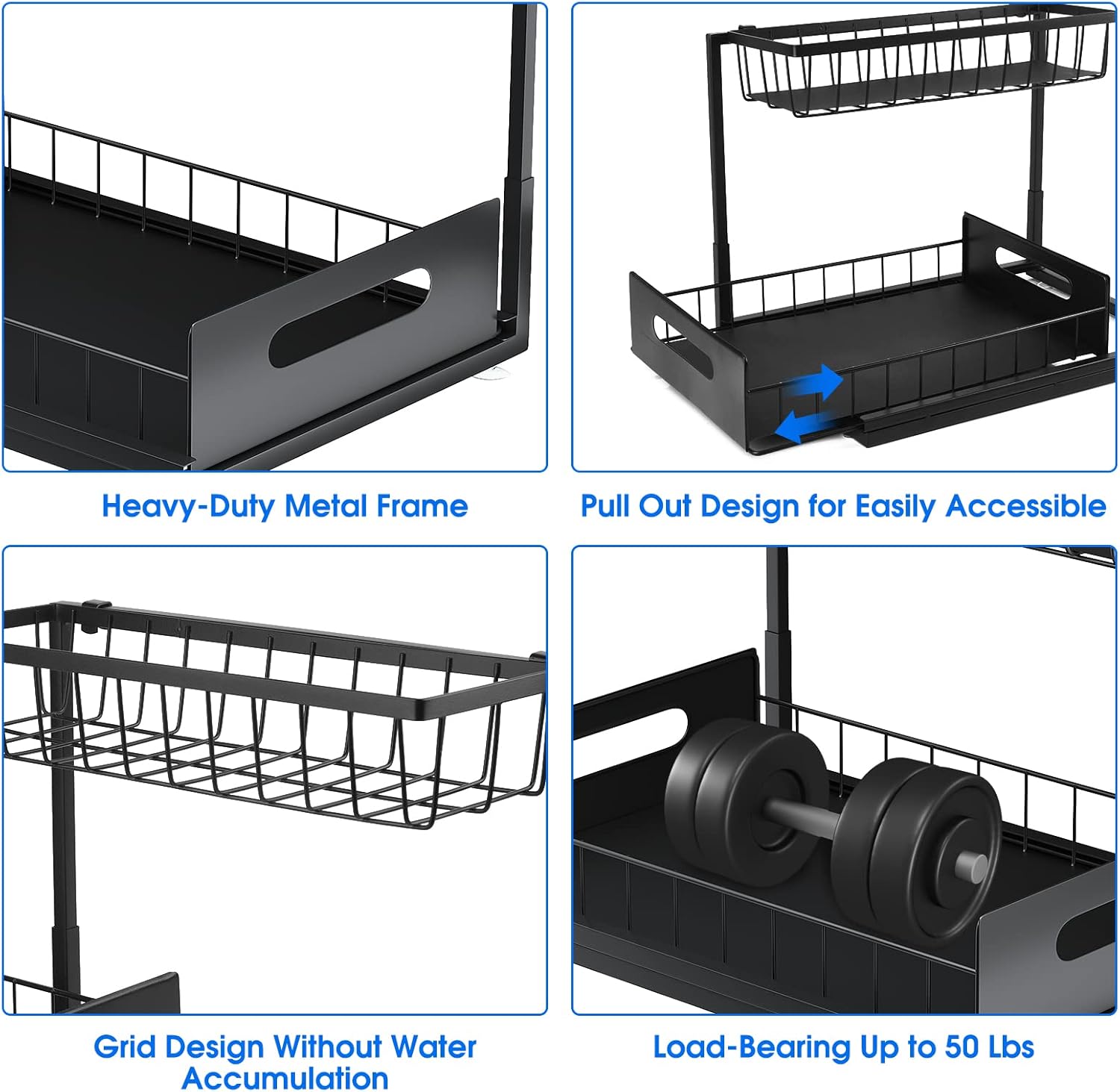 Under Sink Organizer, 2 Tier Under Sink Organizers and Storage Multi-Purpose Under Sink Storage for Bathroom Kitchen (Black)