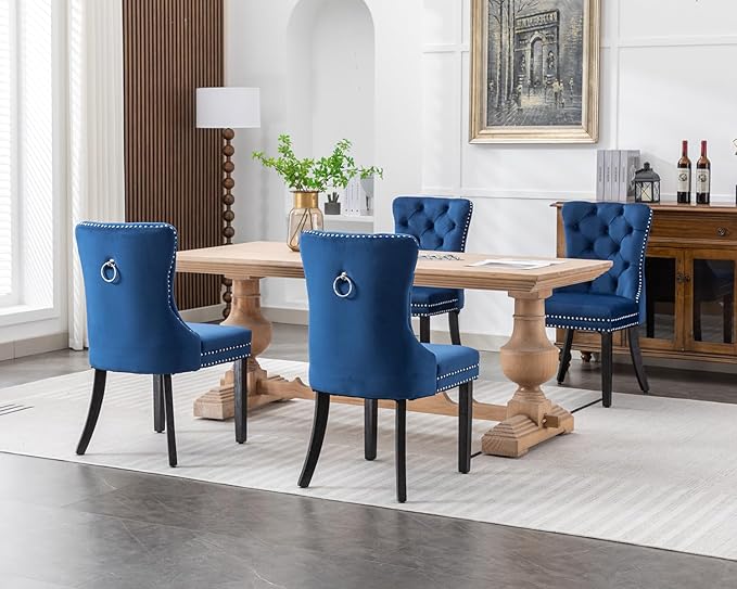 KCC Velvet Dining Chairs Set of 4, Upholstered High-end Tufted Dining Room Chair with Nailhead Back Ring Pull Trim Solid Wood Legs, Nikki Collection Modern Style for Kitchen, Blue