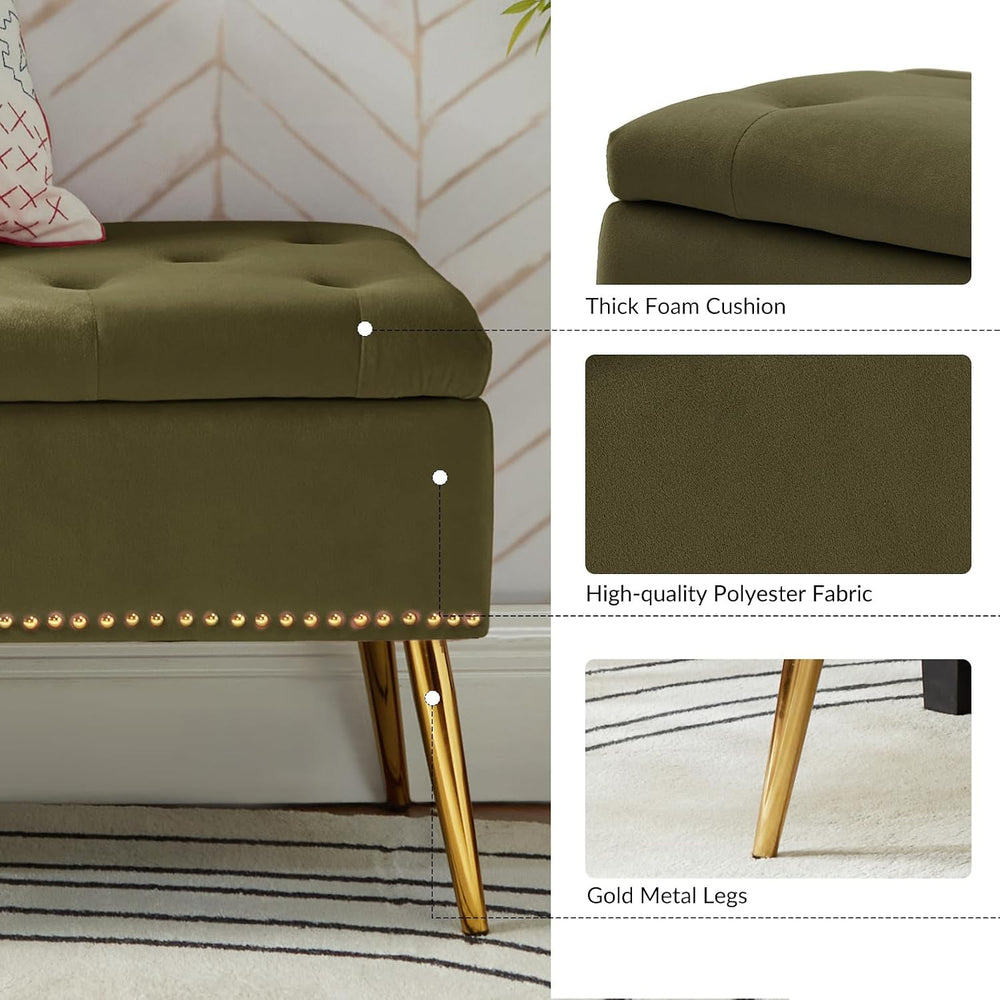 HULALA HOME Modern Velvet Storage Ottoman Bench with Gold Base & Nailhead...