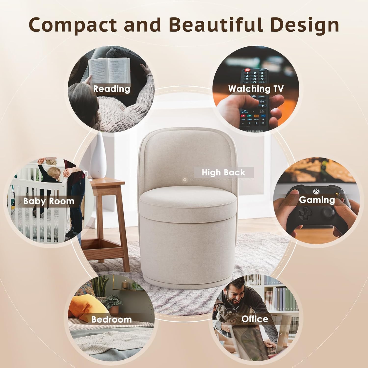 MALOL Swivel Accent Chair, 360° Swivel Chair with Hidden Storage, Modern Small Barrel Swivel Armchair for Living Room/Bedroom, Beige