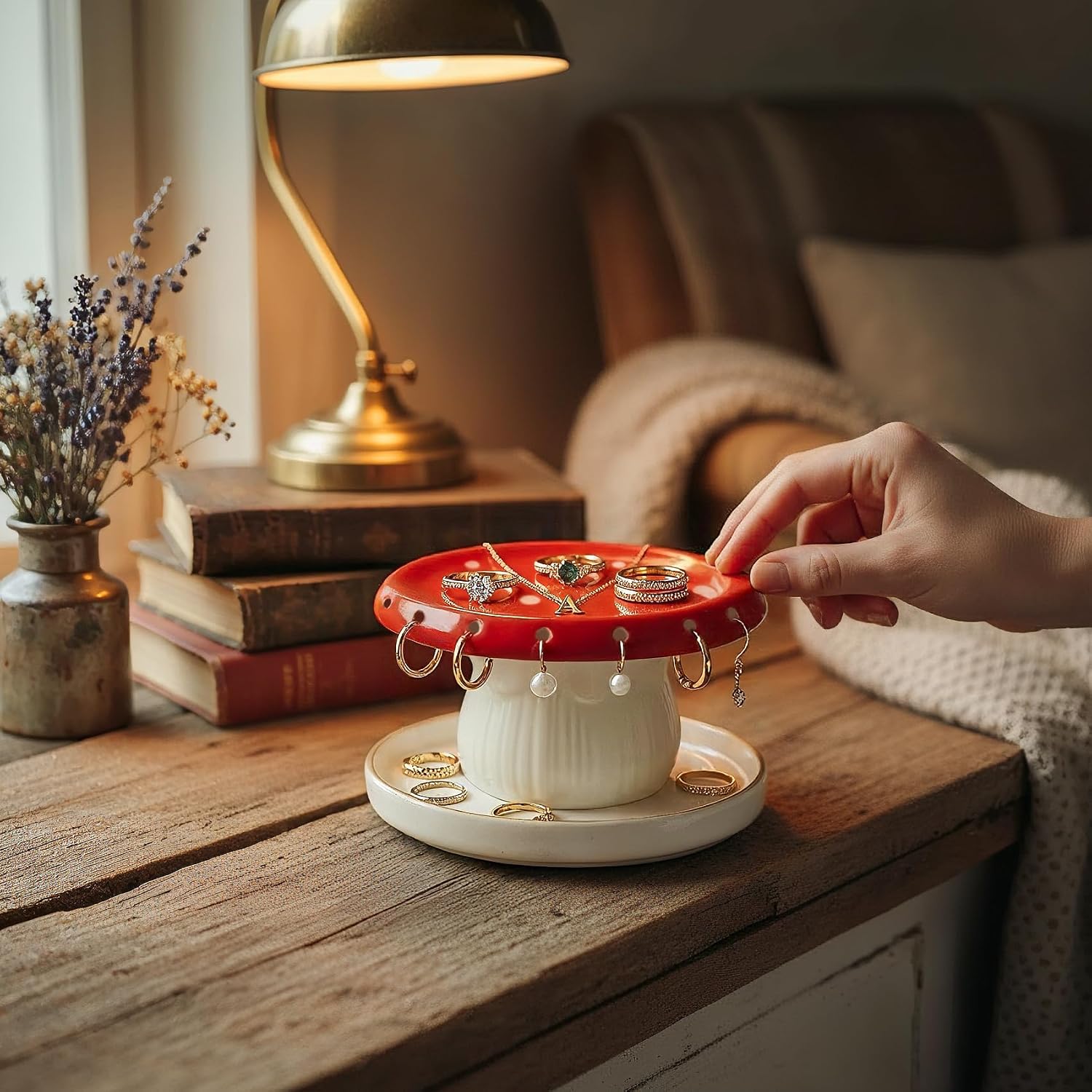Mushroom Jewelry Ring Holder for Women, Handmade Ceramic Decorative Jewelry Tray Trinket Dish for Rings Earrings Necklace, Engagement Birthday Mushrooms Gifts for Women Mom, Cottagecore Decor