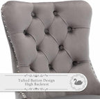 Velvet Upholstered Dining Chairs Set of 4, Modern Style Kitchen Side Chairs with Nailhead Trim and Silver Plated Leg, Metal Pulling Ring for Dining Room Living Room(Gery-Silver Plated Leg)