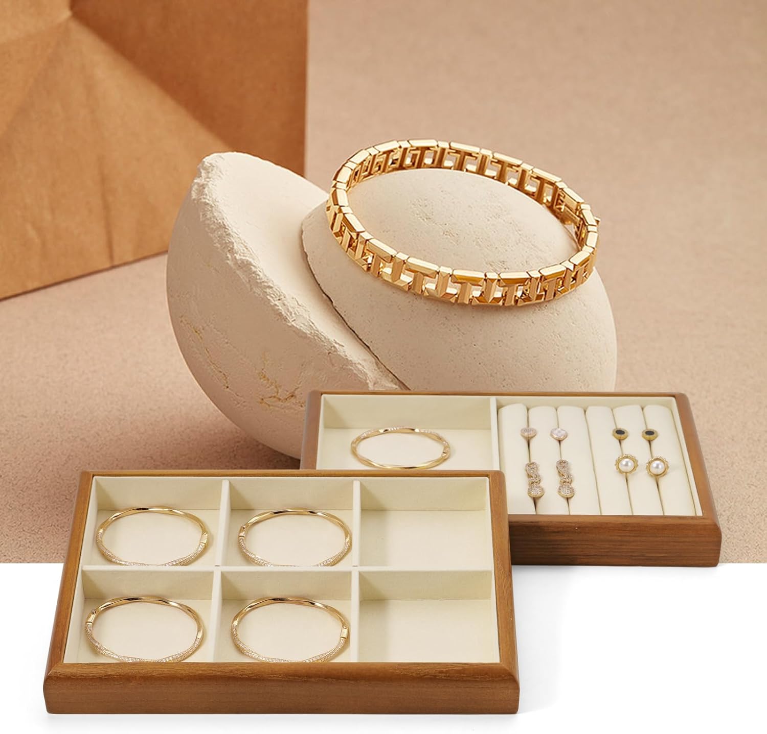 Oirlv Solid Wood 12 Grid Liner Pendant Jewelry Organizer Tray Jewelry Drawer Organizer(Creamy-White)