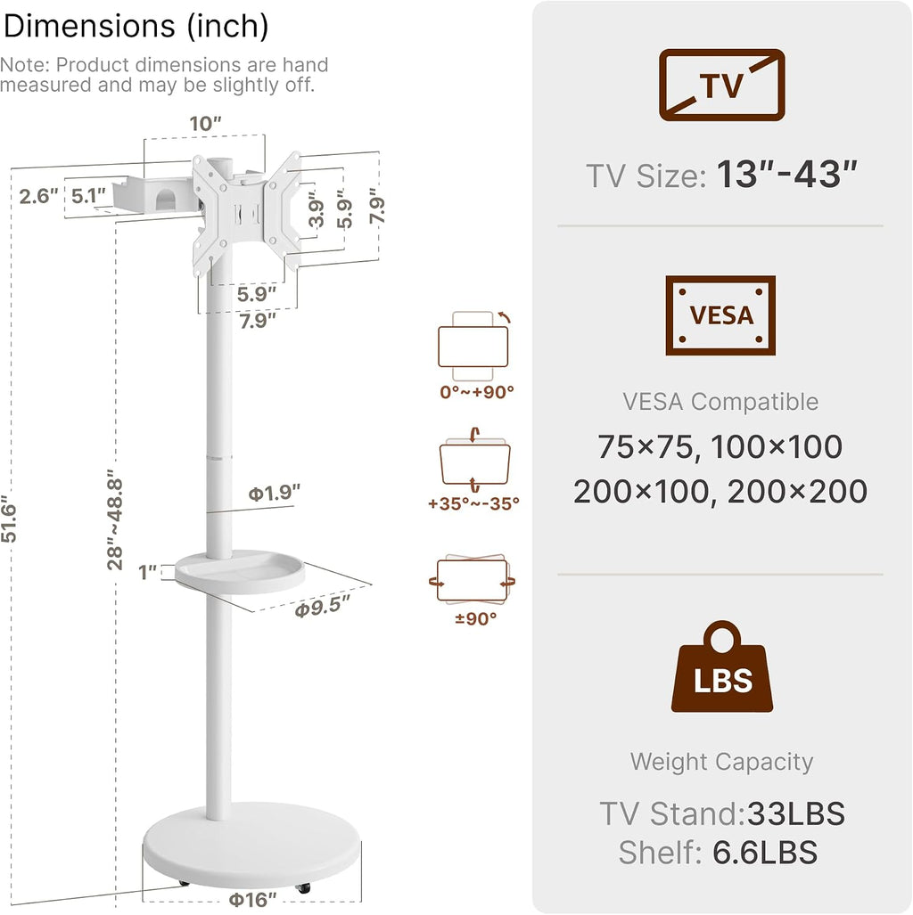 Rolling TV Stand for 13-43" TVs, 33 lbs, White | Compact mobile TV cart, portrait or landscape rotation, adjustable storage box and shelf, VESA up to 200x200
