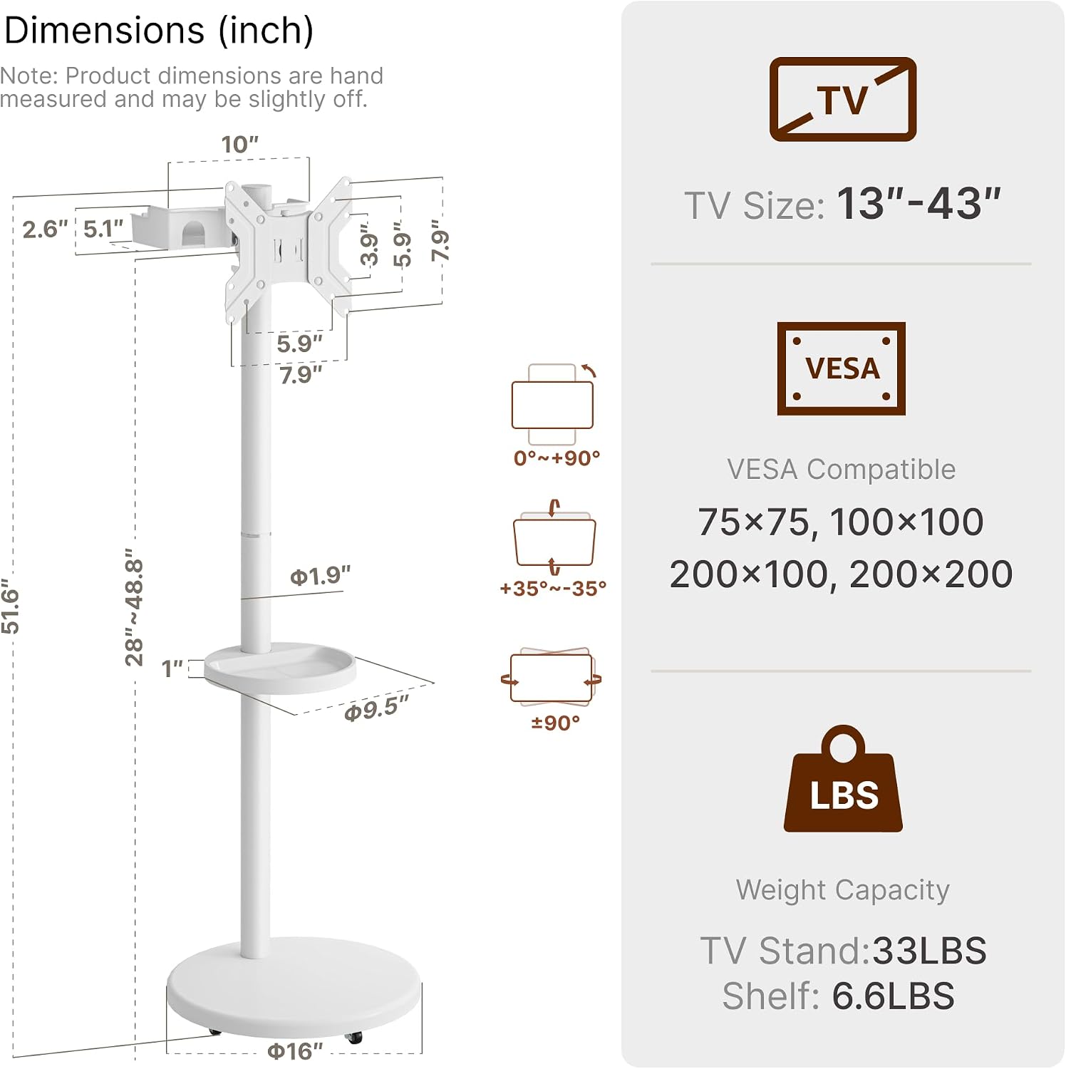 Rolling TV Stand for 13-43" TVs, 33 lbs, White | Compact mobile TV cart, portrait or landscape rotation, adjustable storage box and shelf, VESA up to 200x200