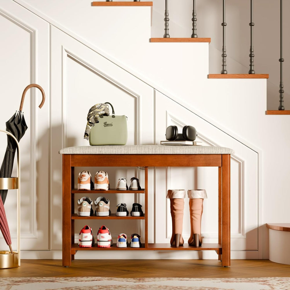 FAGAGA Shoe Rack Bench with Cushioned Seat, Solid Wood Entryway Bench with Fl...