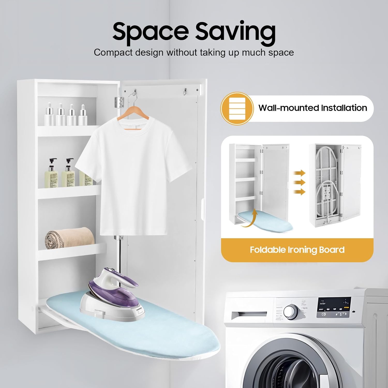 Wall Mounted Ironing Board Cabinet, Swiveling Ironing Board with Storage Cabinet for Bedrooms and Checkrooms 14 x 8.1 x 37.5 Inch White