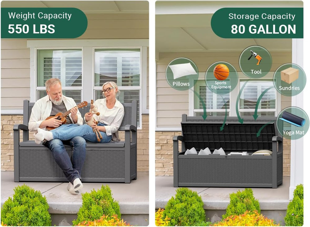 80 Gallon Outdoor Storage Box, Resin Patio Furniture with Armrest, Lockable D...