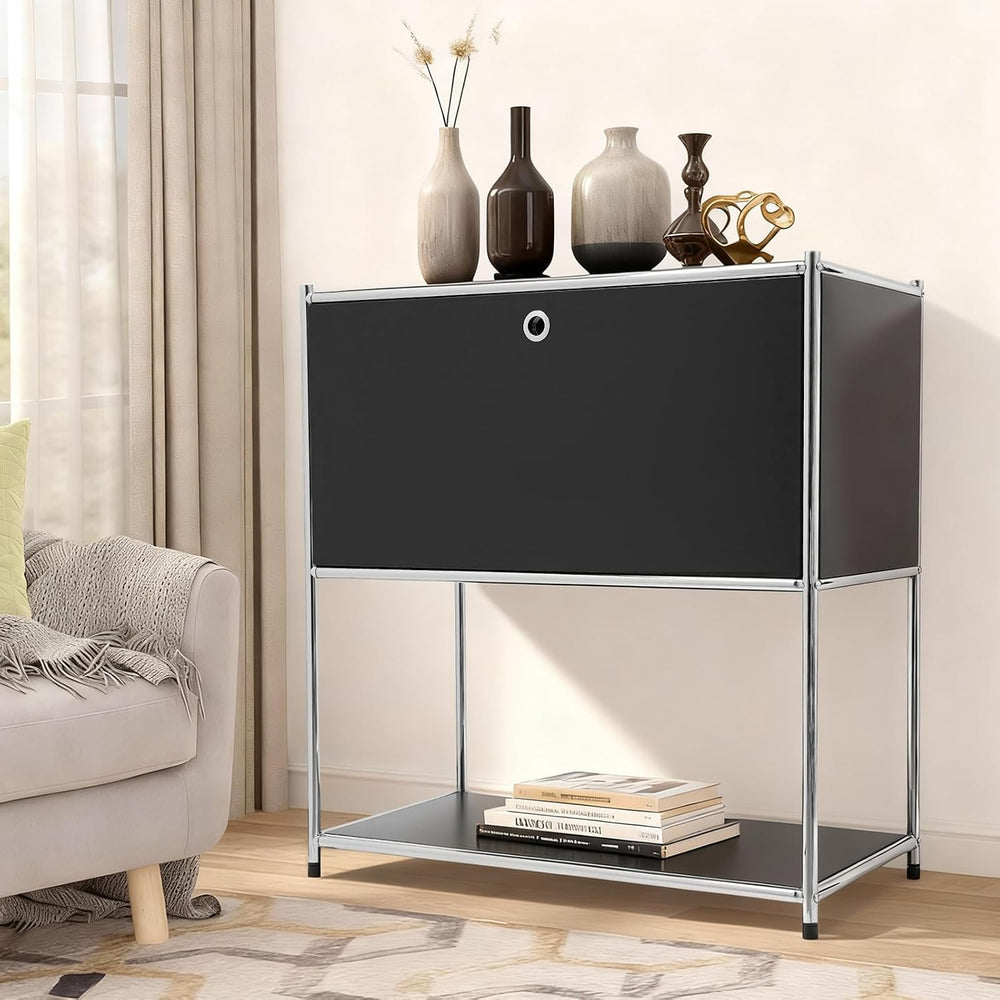 Modern Metal Side Table with Drop-Door & Open Shelf, 27.5" Height Si...
