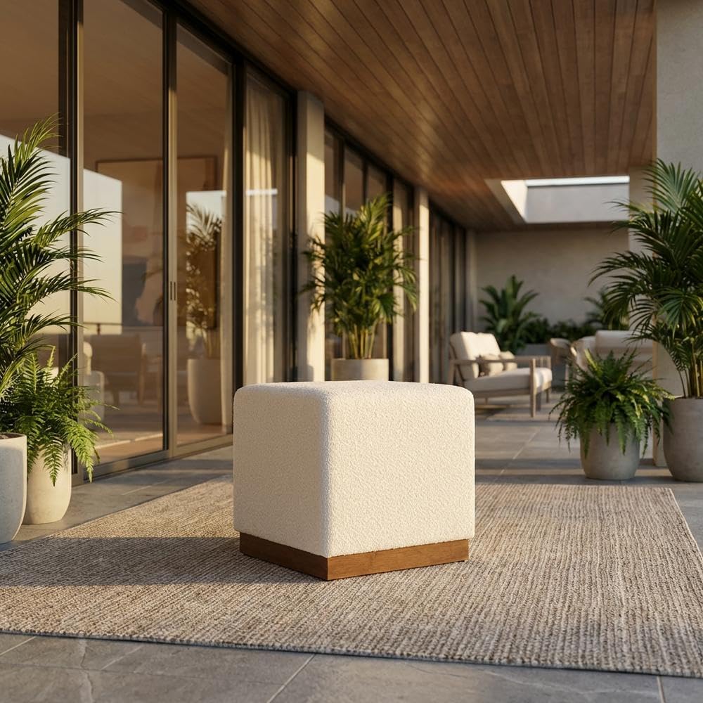 Brown 17" Square Boucle Upholstered Ottoman, Indoor-Outdoor Seating, Plu...