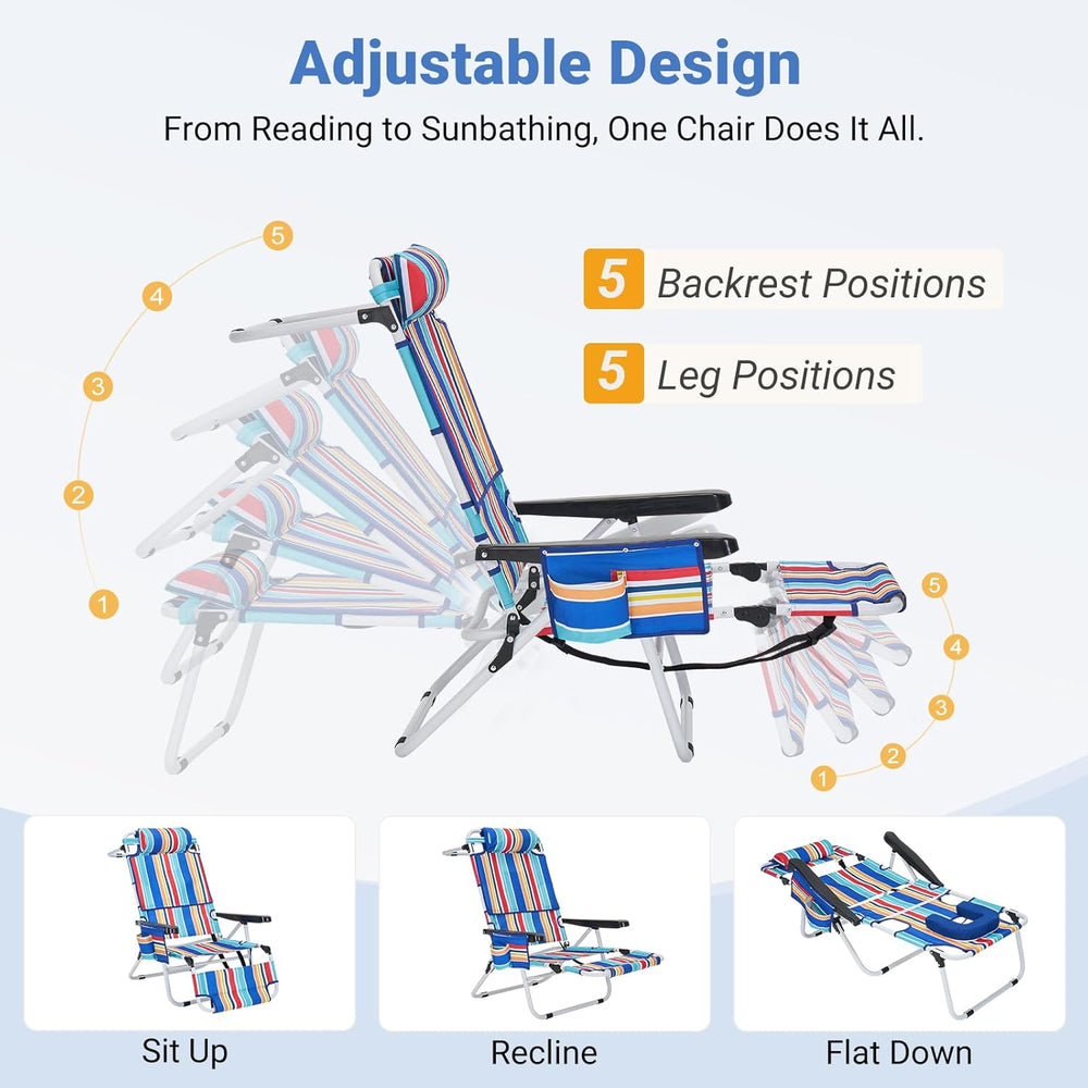 5 Position Folding Beach Chair with Face Hole, Portable Backpack Foldable Lou...