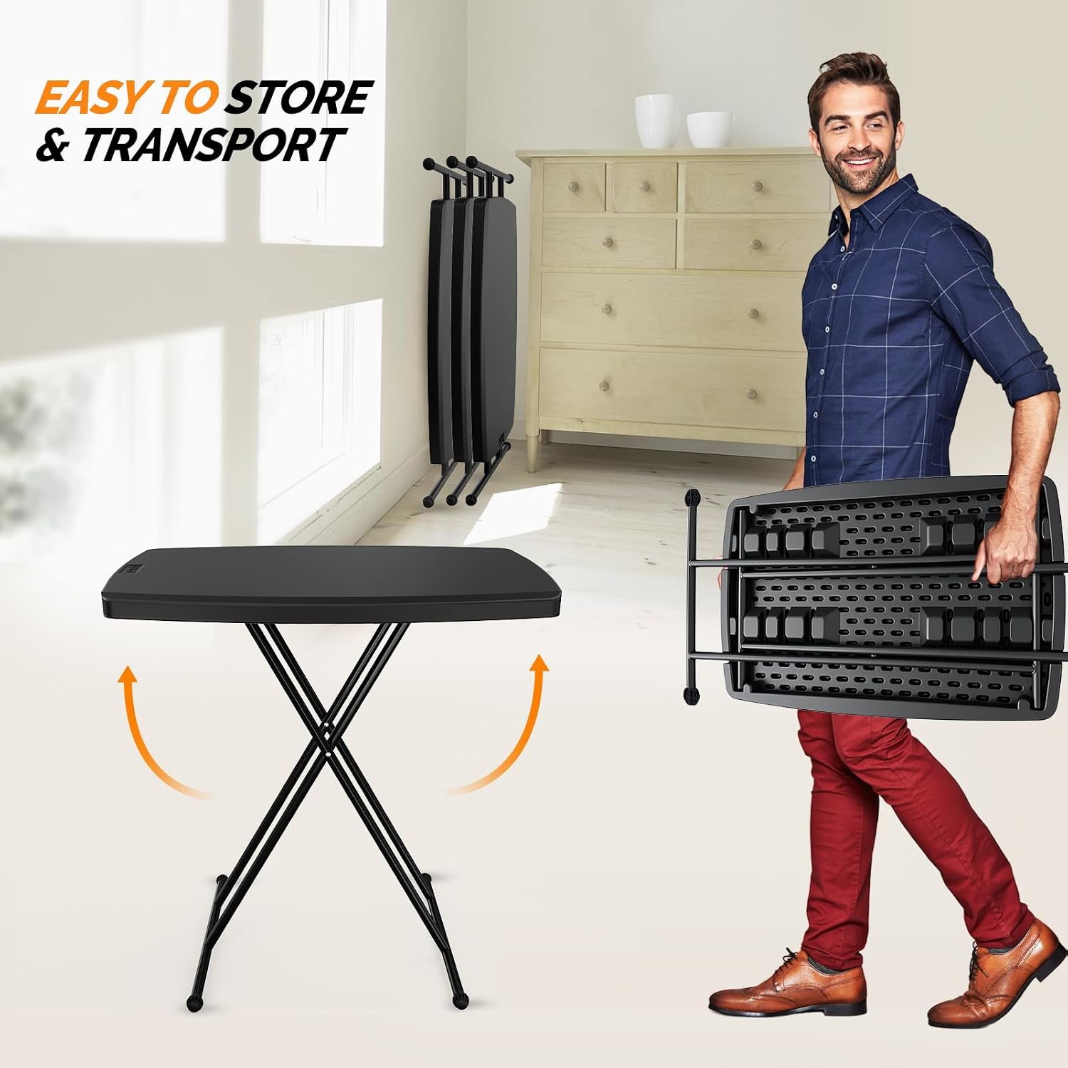 VINGLI 30" Small Folding Table Portable, Laptop TV Tray, Camping Table | 3 Ajustable Height, HDPE Top with Steel Frame,Black- Small Office Spaces, Gaming Station, a Craft Table or Dining